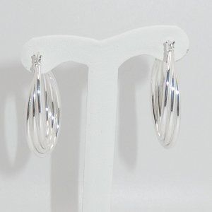 Sterling Silver Triple Band Oval Hoop Earrings / 1-1/4" Drop